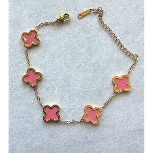 Pink Flower Pendant Chain Bracelet Adjustable -Gold-Plated